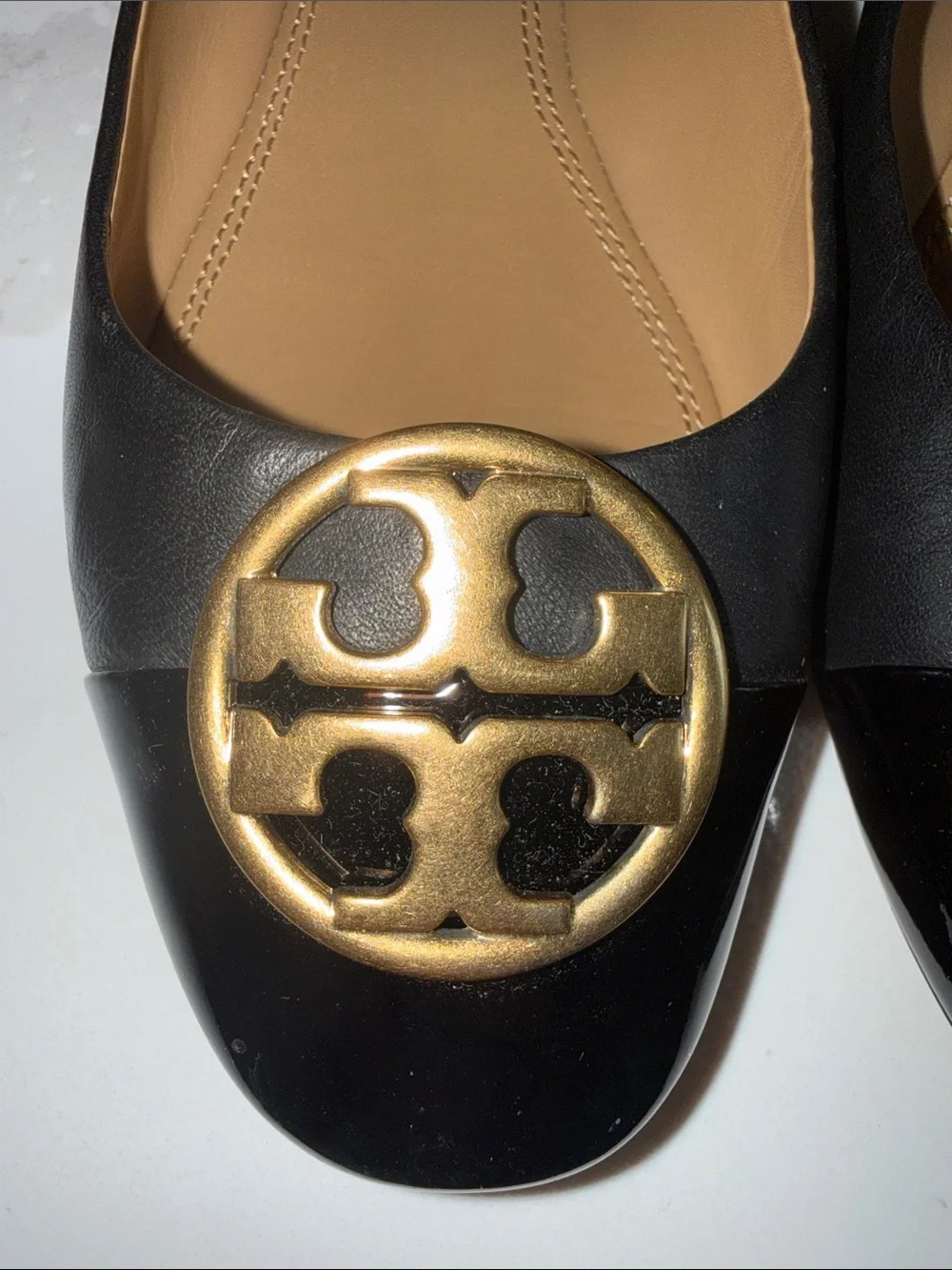 Tory Burch Black Patent Leather Flats with Gold Logo Medallions